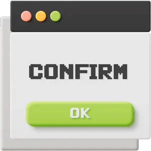 A 3D illustration of a pop-up window showing 'Confirm' and an 'OK' button.